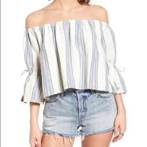 Tularosa Womens Alexa Top XS Striped Linen Cropped Off The Shoulder Bell Sleeve